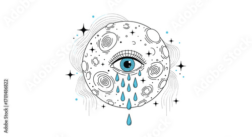 A mystical celestial eye weeping lunar tears amidst cosmic dust and stars an ethereal vision of space and emotion