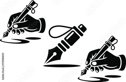 Writing or creating concept with hand holding pen in black and white illustration design