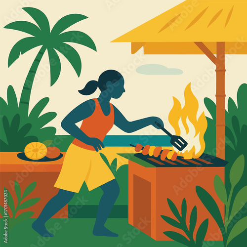 A person grilling skewers over an open fire in a vibrant tropical outdoor setting with palm trees and an umbrella.