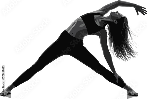 Vector illustration of a fit woman doing side stretch yoga pose, active workout, fitness lifestyle, silhouette in black outfit.