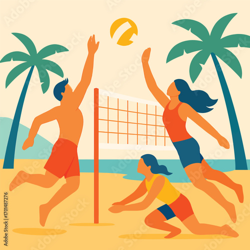 Three people playing beach volleyball on a sunny beach with palm trees.