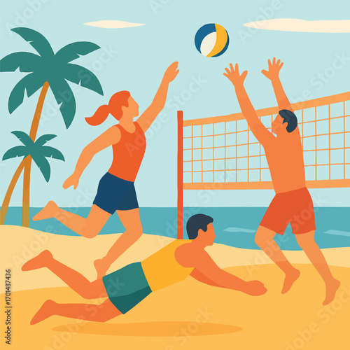 Three young friends playing a dynamic game of beach volleyball on a sunny day with palm trees and the ocean.