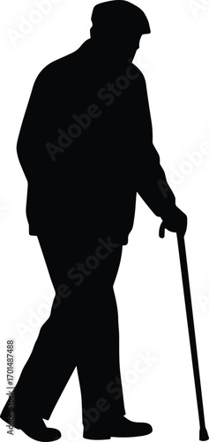 Vector silhouette of elderly man walking with cane, senior male figure, aging concept, old age support, black illustration.