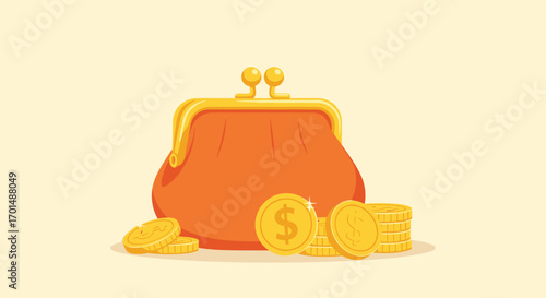 Orange coin purse with golden coins scattered around the base illustrating financial wealth savings and budgeting concepts