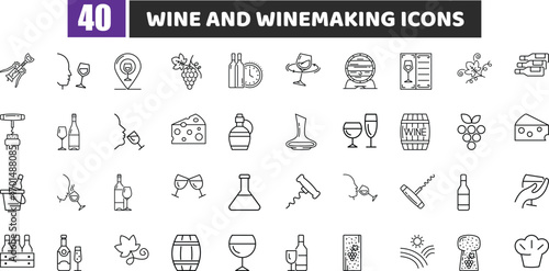 Wine and Winemaking Icons Set - Beverage and Vineyard Line Vector Collection
