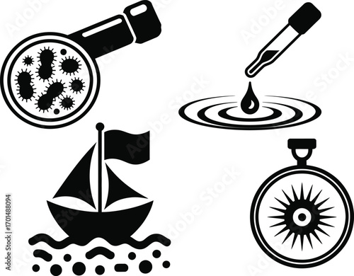 Science, travel, and discovery icons with magnifying glass, sailboat, compass, and pipette