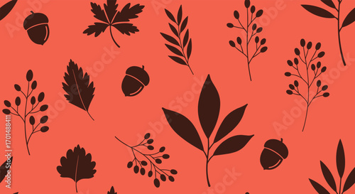 A vibrant autumn foliage pattern featuring acorns and twigs in silhouette on a bold coral background