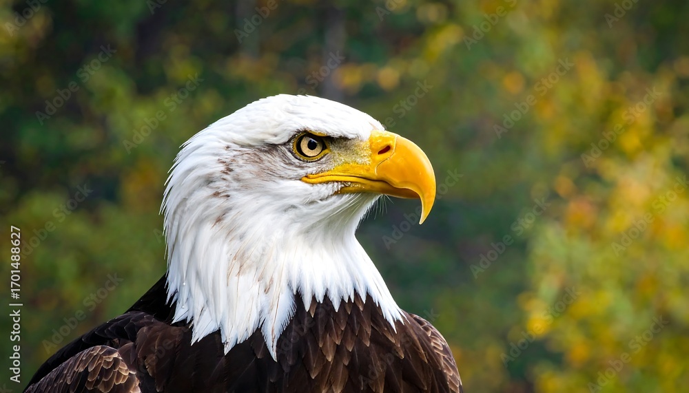 Obraz premium A detailed close-up profile view of a majestic bald eagle, showcasing its sharp, focused gaze and vibrant plumage against a blurred backdrop of autumnal foliage.