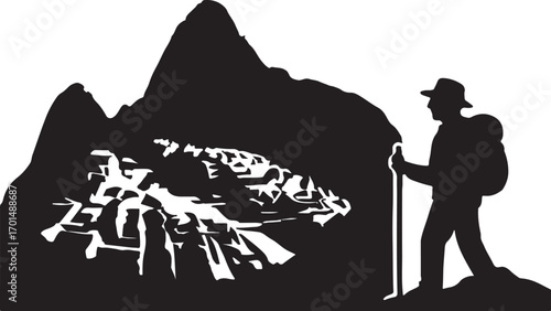 Machu Picchu silhouette vector illustration, ideal for historic landmark, travel, culture, and adventure design.