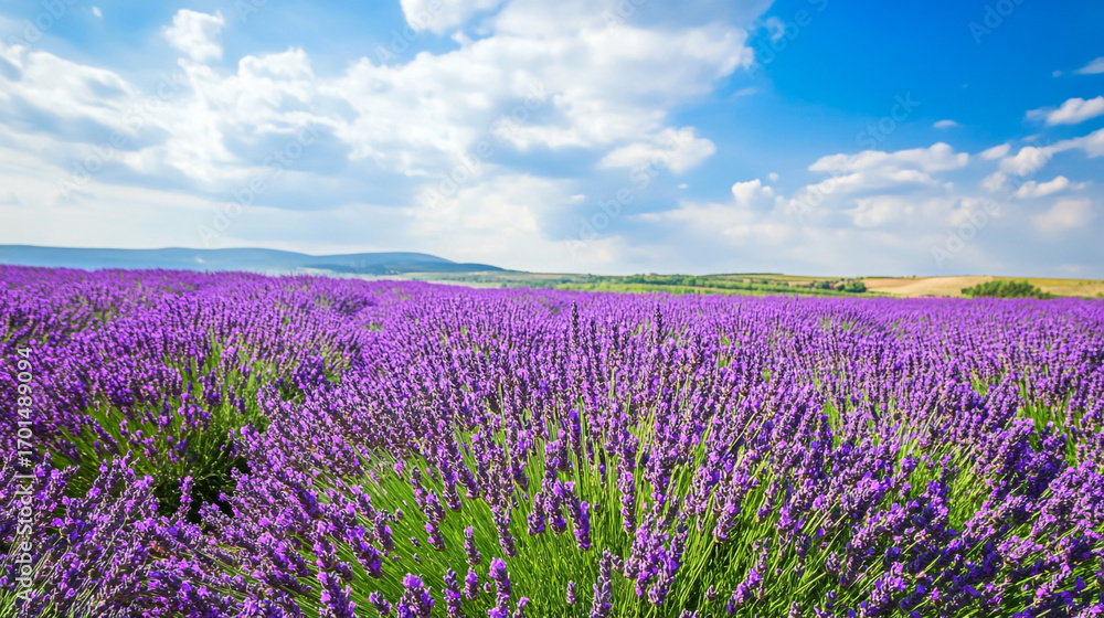 Fototapeta premium Blooming Lavender Field Under Blue Sky