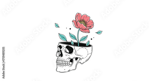 A delicate pink flower blooms from the top of an open human skull with scattered leaves and dots floating away