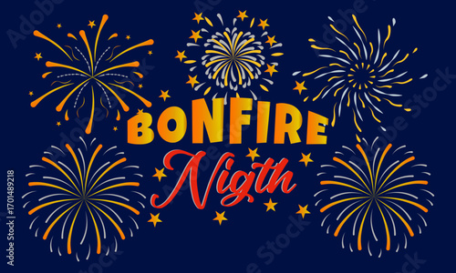 Colorful Bonfire Night Banner with glowing fireworks , festive lettering on dark background. Perfect for party invitation, seasonal design, celebration poster. Vector illustration