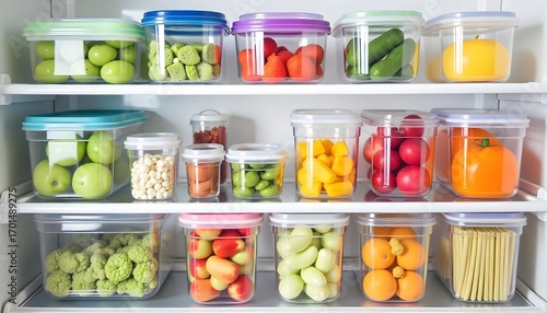 Food in plastic containers on a shelf , fruits and vegetables , organized , colorful , clean , healthy food , in a fridge