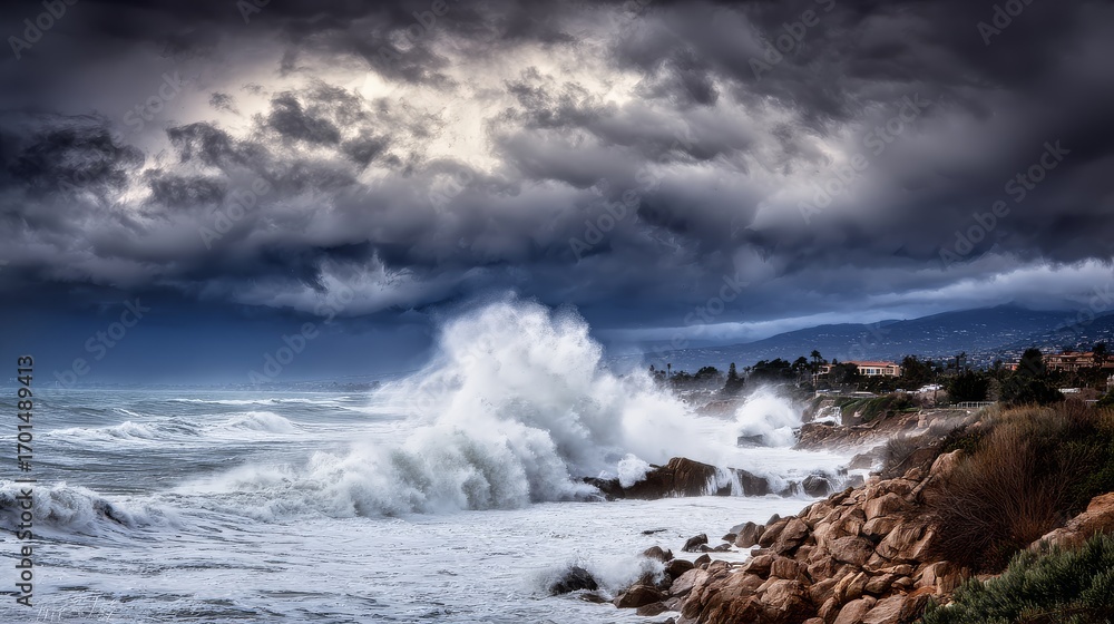 Fototapeta premium Stormy sea with dark clouds and massive crashing waves against cliffs, dramatic high-resolution seascape and powerful nature concept.