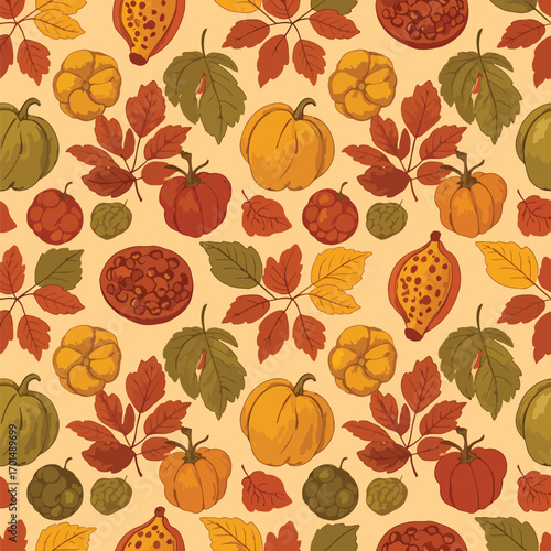 A repeating seamless autumnal pattern featuring pumpkins, leaves, and various fall elements., seamless pattern, royalty free stock.