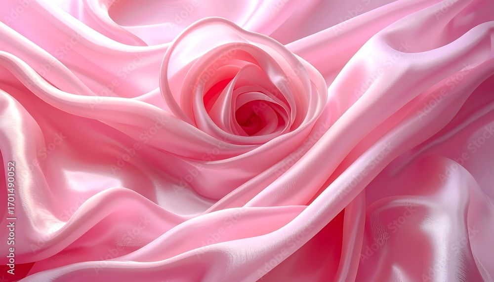 Obraz premium A close-up view of swirled, soft pink satin fabric, showcasing its smooth, flowing texture and elegant curves.