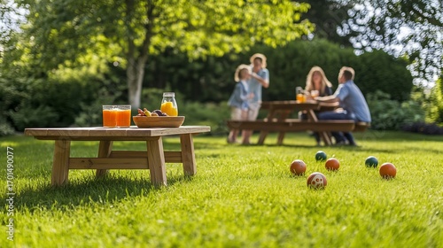 Bocce ball set laid out in a grassy backyard with a family laughing and playing Nearby a picnic table with snacks and drinks captures a lively summer gathering atmosphere