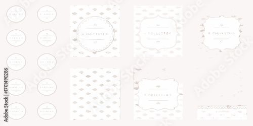 Collection of subtle minimalist graphic design elements and patterns in neutral tones for branding and stationery