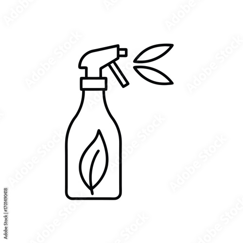 Minimalist Line Art of Eco Spray Bottle – Black and White Illustration with Leaf Symbol and Natural Mist