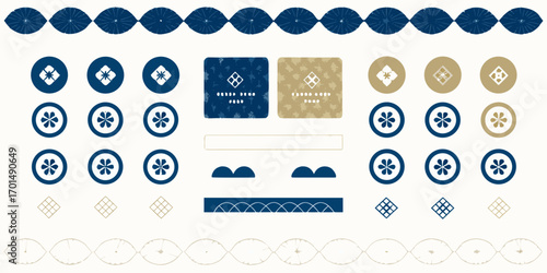 Collection of japanese inspired decorative elements and icons in blue and gold colors