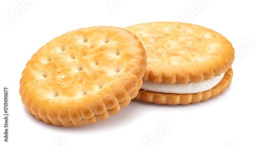 Two sandwich cookies with a creamy white filling are displayed against a white background.