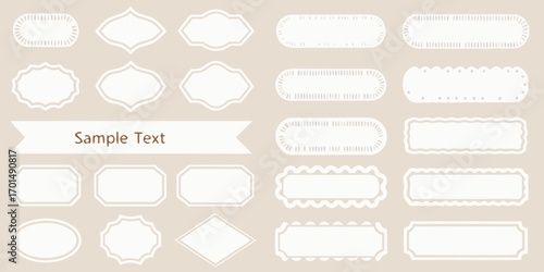 Collection of decorative white frames and labels with sample text on a beige background