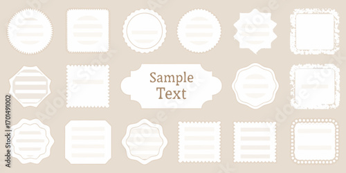 Collection of decorative white labels and tags with sample text on a beige background