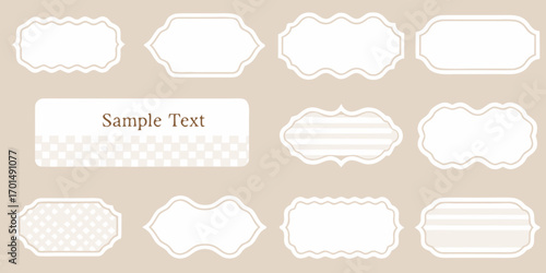 Collection of decorative white frames and labels with sample text on a beige background