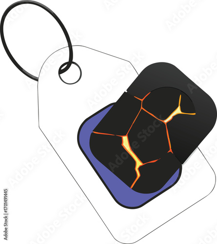 Volcanic Rock Price Tag Torn Open To Reveal Glowing Molten Lava Core With Fiery Cracks On Obsidian Black Surface, Vector Illustration