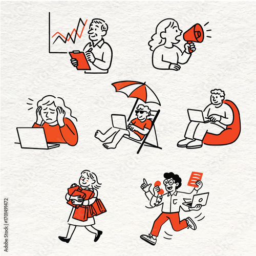 Business Lifestyle Illustrations – Remote Work, Stress, Communication, Shopping, and Teamwork Scenes