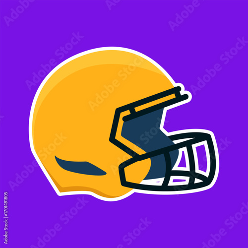 Vibrant graphic illustration of a classic yellow football helmet with a deep blue face mask, isolated on a bright purple background
