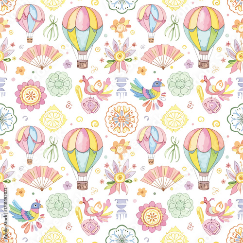 Whimsical watercolor pattern featuring hot air balloons, birds, flowers, and fans on white background, patern seamless, royalty stock.