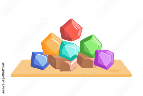 Assortment of colorful geometric crystals on a wooden shelf