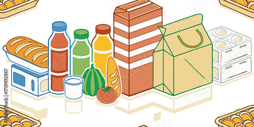 A high-resolution, realistic image of a large assortment of grocery store food items neatly arranged on a white reflective surface. The scene includes various packaged goods such as breakfast cereals,