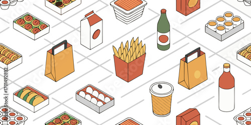 A high-resolution, realistic image of a large assortment of grocery store food items neatly arranged on a white reflective surface. The scene includes various packaged goods such as breakfast cereals,