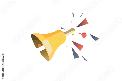 Golden bell ringing with colorful geometric shapes on