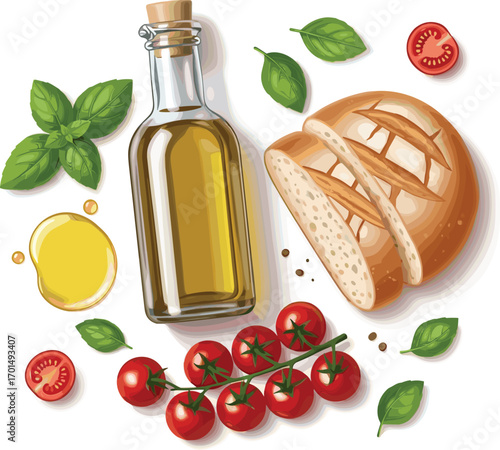 Elegant Vector Bottle of Olive Oil with Fresh Bread and Herbs