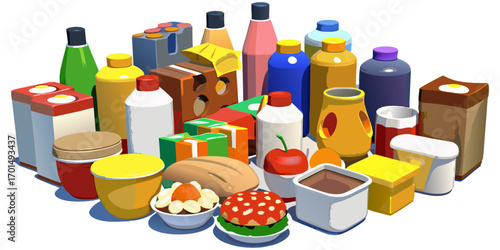A high-resolution, realistic image of a large assortment of grocery store food items neatly arranged on a white reflective surface. The scene includes various packaged goods such as breakfast cereals,