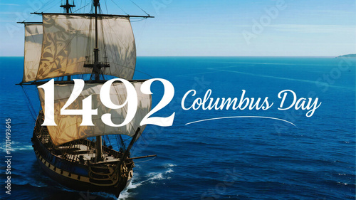 Celebrate Columbus Day with this vintage ship sailing on a blue ocean, perfect for historical projects, educational materials, or travel-themed designs for a classic feel