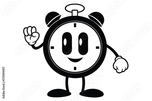 Animated Alarm Clock Character with Smiling Face and Gloves on White Background