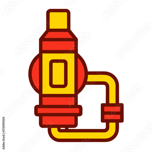 Stylized icon of a red and yellow fire extinguisher with a hose