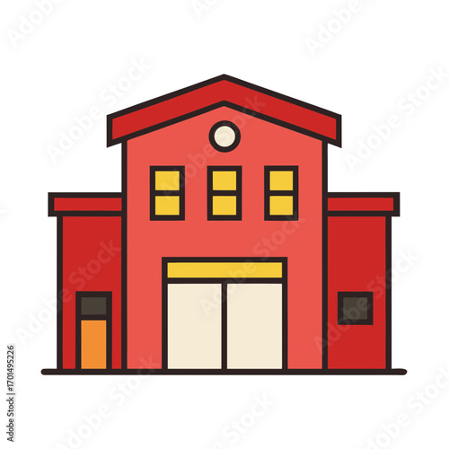 Simple red building with large doors and windows