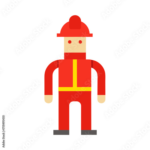Stylized flat design firefighter character in red uniform with yellow accents