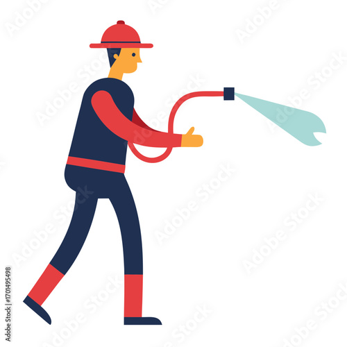 Stylized firefighter in uniform actively spraying water from a hose