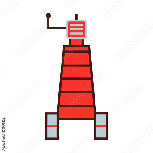 Stylized red and blue tower with antenna and base