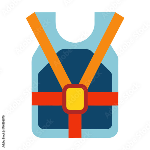 Stylized flat icon of a blue safety vest with orange straps and red accents
