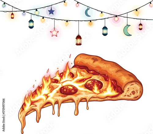 Fantasy Pizza Illustration with Fire and Festival Lights