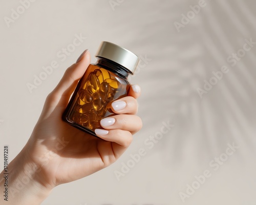 Close-up of a female hand holding a small amber bottle with golden softgel capsules in natural soft lighting