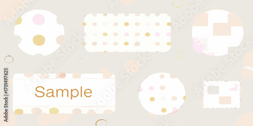 Soft pastel polka dot shapes and frames on a neutral background with sample text