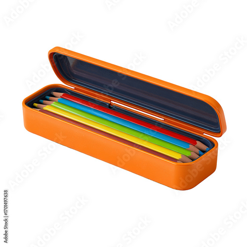 Orange pencil case with colorful pencils
